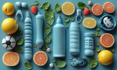 Flat lay of refreshing blue sports bottles, sliced citrus fruits, and mint leaves on a blue background.  Perfect for hydration and active lifestyles