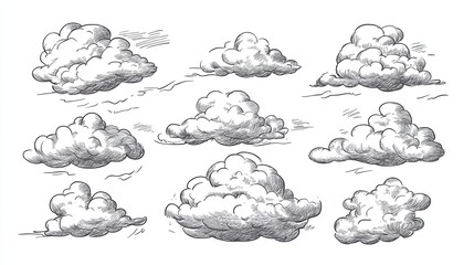 Fototapeta premium Sketch clouds. Hand drawn sky cloudscape. Outline sketching cloud vintage collection illustration , no logos, no brands
