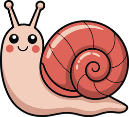 Adorable cartoon illustration of a smiling snail with a red and pink shell in a flat design