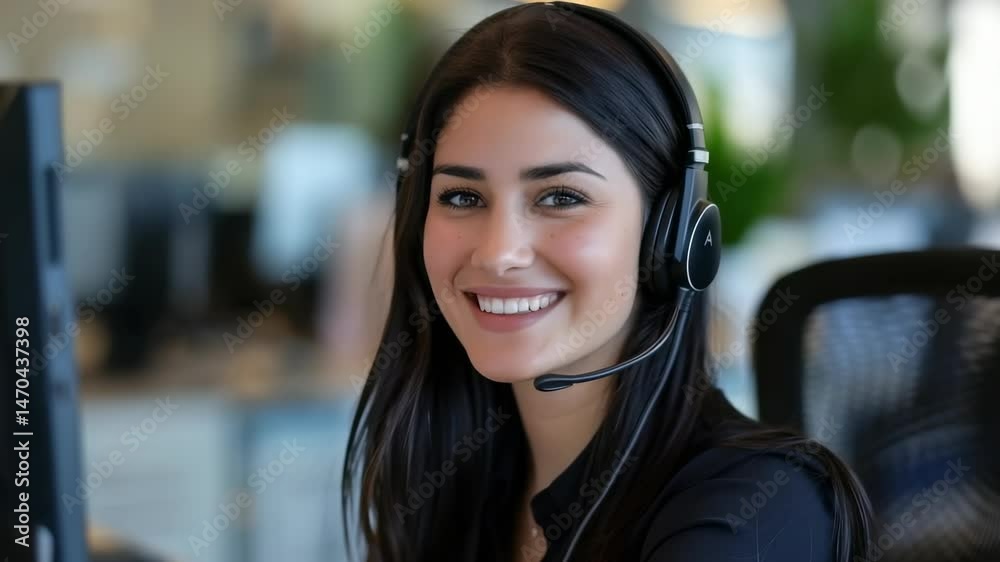 Poster Smiling woman with headset, providing customer support. Background includes office setting with soft lighting. She appears professional and approachable, ready to help customers.