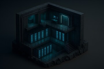 Isometric Server Room Cutaway, Dark Futuristic Style, Data Center Visualization