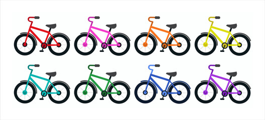 Cartoon bicycles set with red, green, blue, pink, yellow, orange, violet, turquoise frame .Illustration isolated on white background