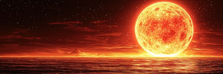 Fiery celestial body dominates a dark, fiery sky, casting an intense, reddish glow on the calm ocean
