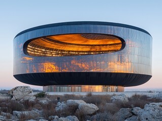 Circular building, glass facade, illuminated interior, situated on rocky terrain, sunset backdrop