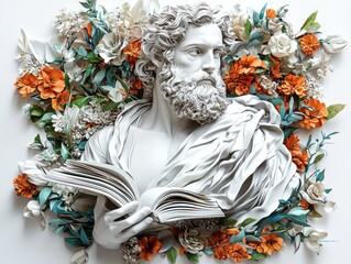 A classical bust holds an open book, encircled by vibrant flowers in oranges and whites, set against a plain background