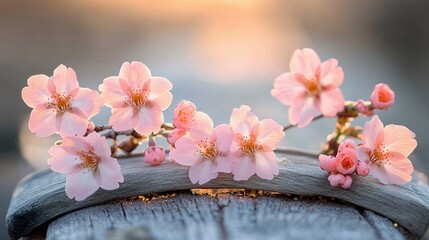 Fototapeta premium Delicate pink blossoms resting on weathered wood.