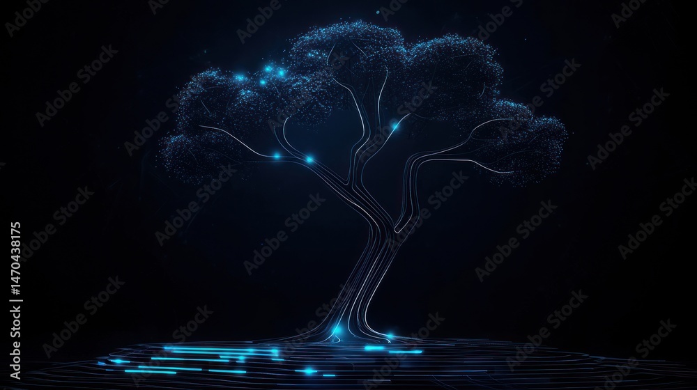 Poster Glowing digital tree displayed against a dark and mysterious background