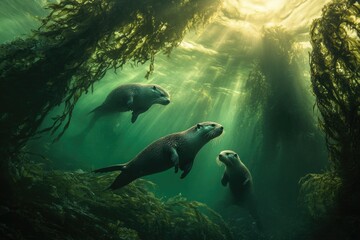 Fototapeta premium Underwater otters swimming through kelp forest, sunlight filtering down, peaceful scene in a natural habitat.