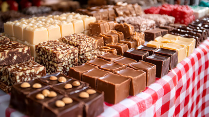 Delicious Assorted Chocolate Fudge on a Red-Checked Table