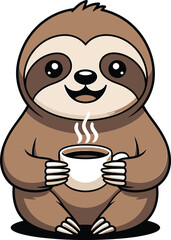 Fototapeta premium Adorable cartoon sloth holding a coffee cup and smiling with a cozy happy mood