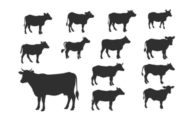 Cow and Calf Silhouette Vector Set – Minimalist Bovine Side Profiles in Black on White.