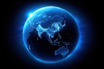 Fototapeta premium A glowing representation of Earth in space, showcasing its continents and oceans against a dark backdrop, emphasizing the planet's beauty and fragility