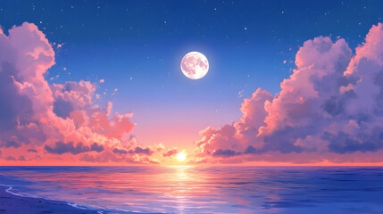 Magical Sunset and Moonrise Over the Ocean
