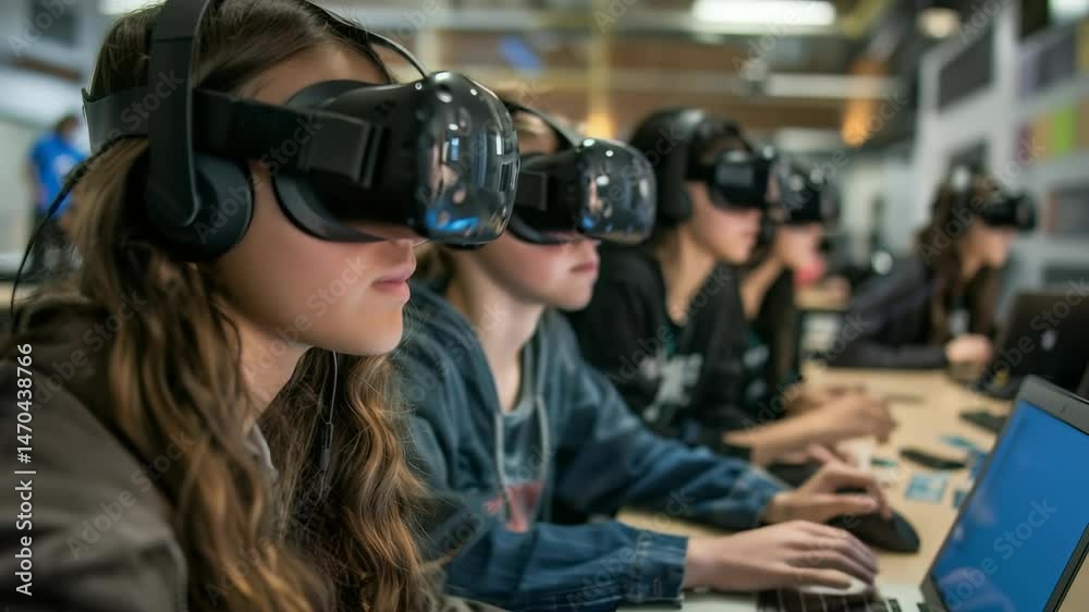 Aufkleber A group students are utilizing virtual reality headsets individual laptops, creating immersive educational experience classroom. They explore digital learning environments through modern technology.