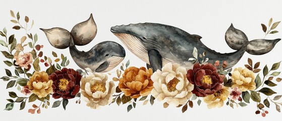 Watercolor painting of whales amidst autumnal floral arrangement