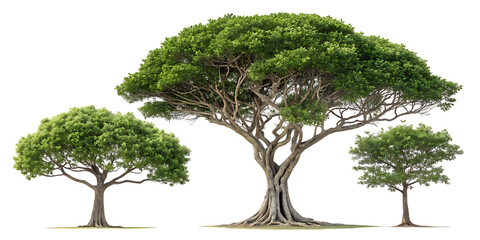 Ficus microcarpa (Chinese banyan, small-fruited fig, Malayan banyan, Indian laurel, or curtain fig) frontal set street trees, AI Generative