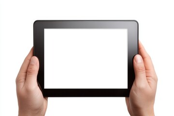A person holds a blank tablet, ready for display or interaction, set against a clean white background