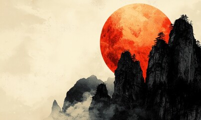 Crimson moon dominates a misty, mountainous landscape; dark, jagged peaks rise against a backdrop of soft, pale clouds