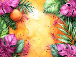 Vibrant watercolor backdrop featuring tropical foliage & a citrus fruit, creating a summery, frame-like composition