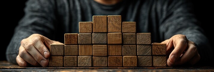 Hands carefully arrange a pyramid of dark brown wooden blocks on a table against a dark background