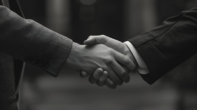 A monochrome image capturing a firm handshake between two individuals in business attire outdoors