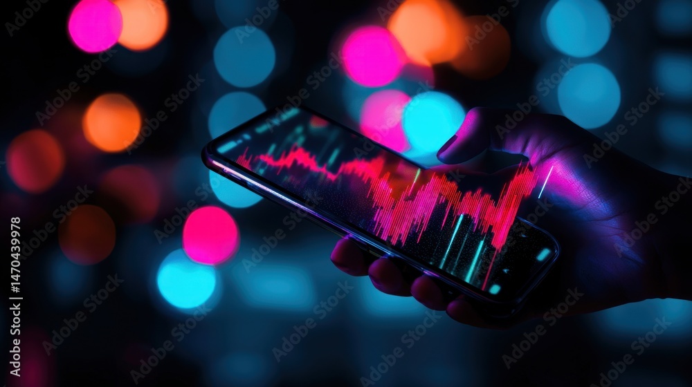 Poster a hand holding a smartphone with a financial chart displayed