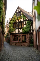 Naklejka premium Half-Timbered House in Alleyway, Quaint European Architecture for Travel Blog