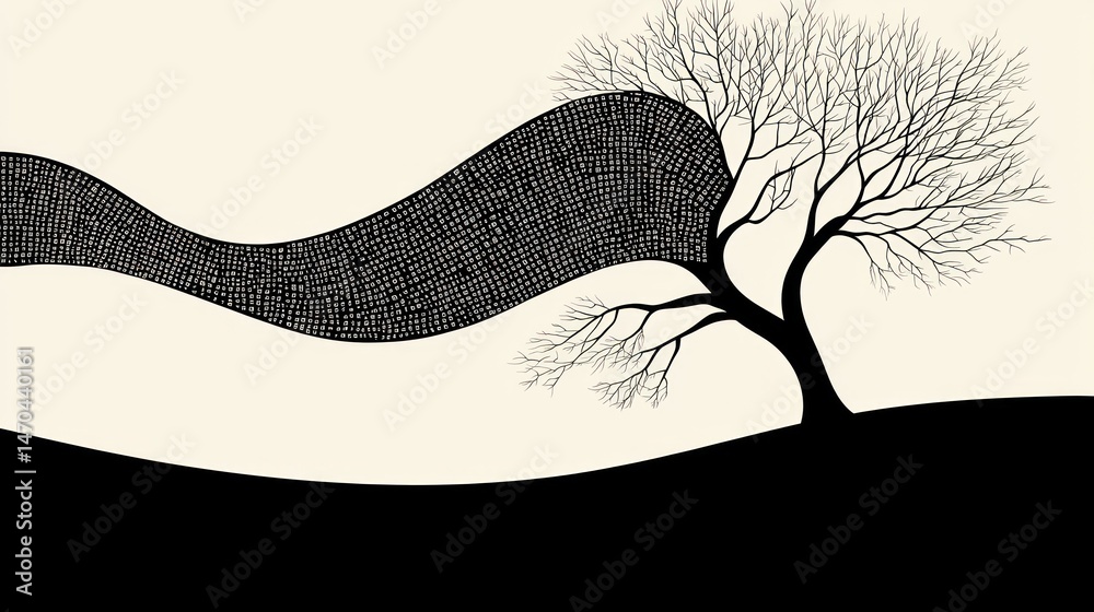 Poster a silhouetted tree with data flowing in a stylized artwork
