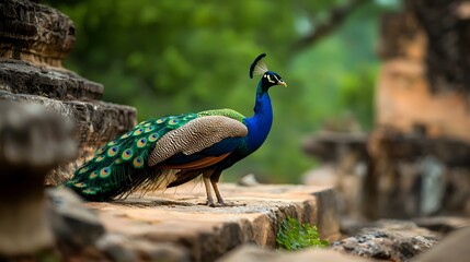 Obraz premium Elegant Peacock on Ancient Ruins, Vibrant Plumage, Travel Photography