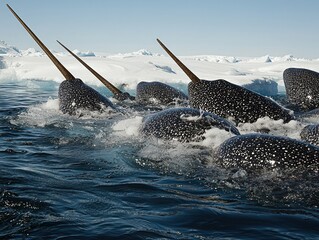 A pod of whales with prominent tusks surfaces near icy terrain.  The water is choppy