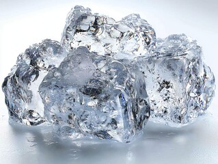 Sparkling, translucent ice cubes cluster together, glistening with moisture on a bright background