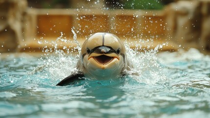 Playful marine mammal surfaces, splashing water.  Smiling,  showing teeth
