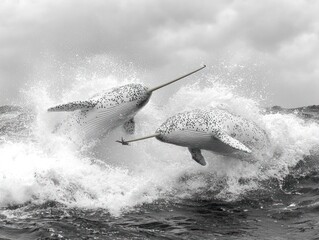 Two narwhals leap from the ocean, creating a dramatic splash of water.  Their tusks are prominent, and their spotted bodies contrast against the white water