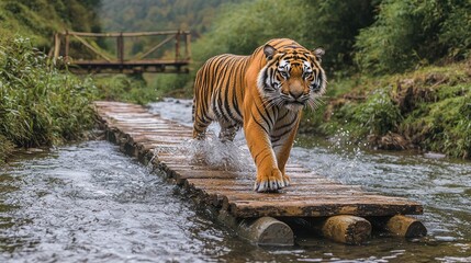 Majestic tiger strides across wooden bridge over stream, lush green foliage backdrop