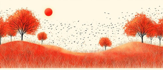 Autumnal landscape fiery red hills, slender trees, flock of birds flying, and a large sun