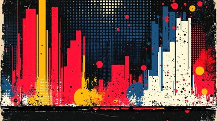 Abstract cityscape with bold colors and grunge texture.  Red, yellow, and blue skyscrapers dominate the composition, punctuated by circles and a halftone backdrop