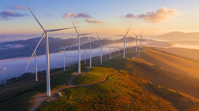 Wind turbines on a ridge at sunset with fog and mountains in the background creating a serene landscape - Powered by Adobe