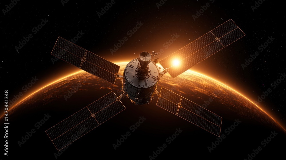 Poster a satellite orbits a celestial body illuminated by a distant star