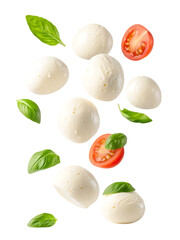 Fresh mozzarella balls tomatoes falling vibrant basil leaves delicious Italian food culinary