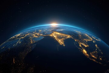 Fototapeta premium A stunning view of Earth from space, showcasing illuminated cities and a sunrise over the horizon, highlighting the planet's beauty and vastness