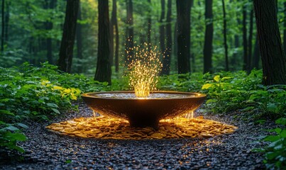 Serene forest scene with a water feature;  glowing, golden base, water splashing upwards