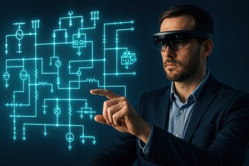 Engineer using augmented reality glasses to interact with a digital electrical circuit interface. Futuristic concept of smart engineering, AR technology, and digital innovation in technical design