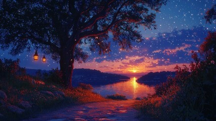 Serene sunset over calm lake, path leads to large tree with hanging lanterns, starry sky