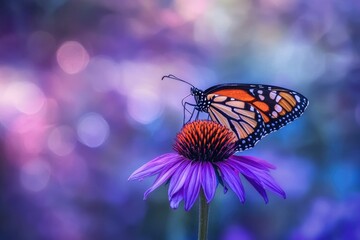 Obraz premium A monarch butterfly rests gracefully on a purple coneflower, its vibrant colors enhanced by a dreamy, bokeh-filled backdrop.