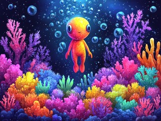 A vibrant underwater scene depicts a cheerful, glowing orange creature amidst colorful coral reefs and shimmering bubbles