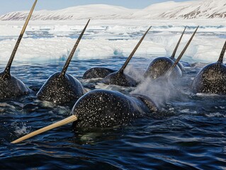 A pod of narwhals surfaces in icy Arctic waters, their distinctive tusks visible