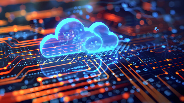 Glowing blue cloud icon on a dark blue and orange circuit board background technology concept design