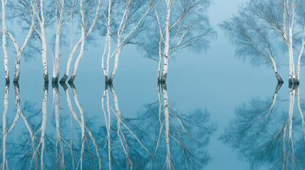 Serene reflection of leafless birch trees in tranquil, misty water