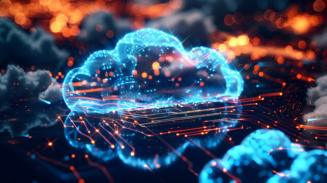 Digital clouds illuminated with blue light and orange streaks on a dark abstract background