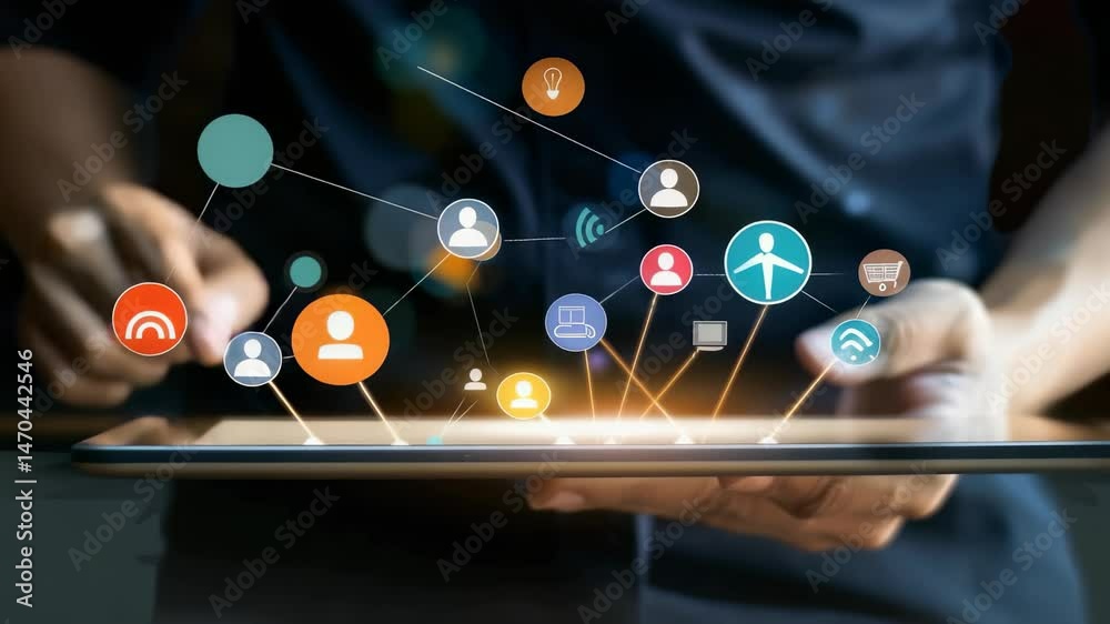 Poster A close up shows a person's hand interacting with a digital tablet displaying icons. It represents a modern digital interface. The icons symbolize network, connectivity, and technology integration.